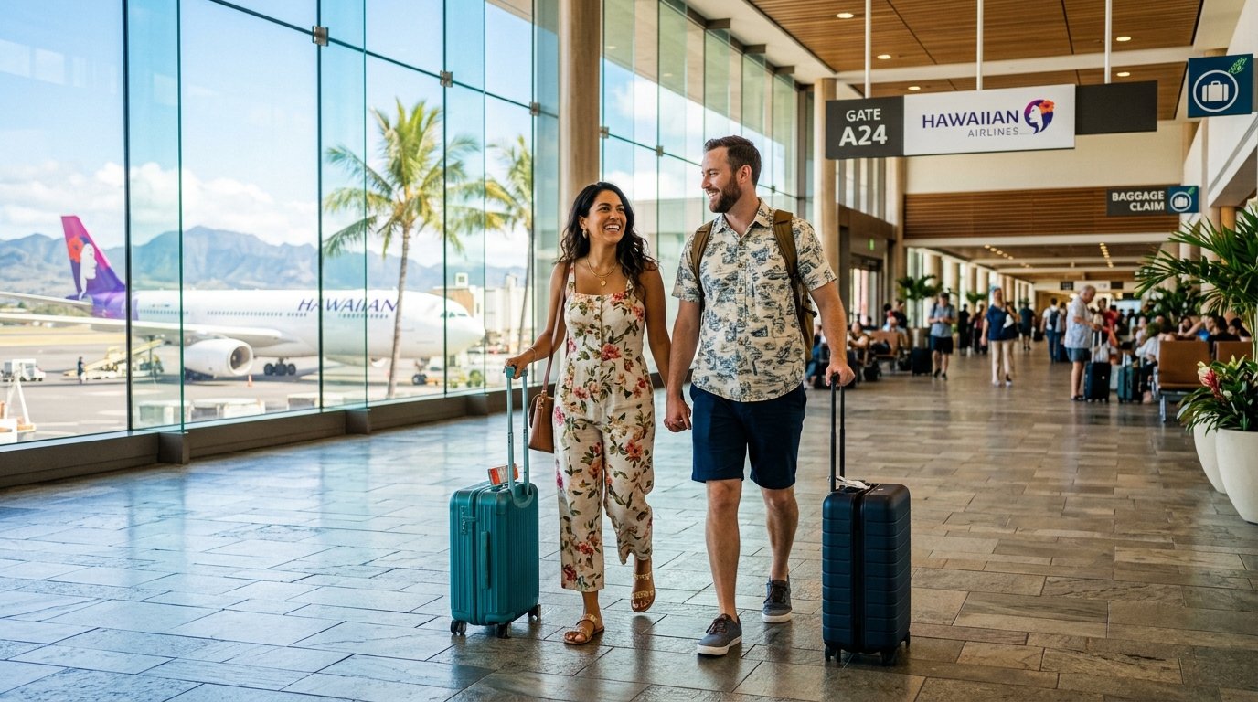 Alaska Atmos Rewards 2026 program overview at Hawaiian Airlines terminal