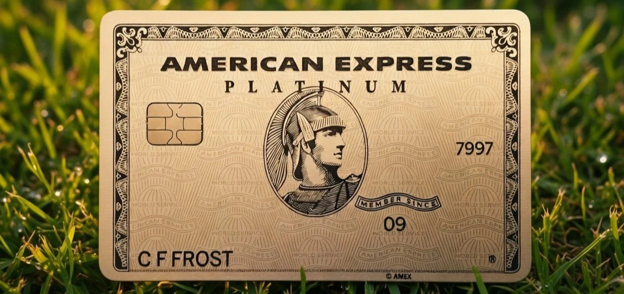 Gold American Express Platinum card resting on grass