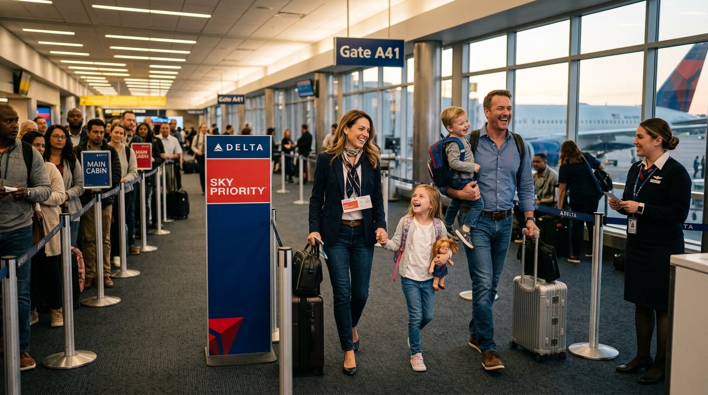 Family using Delta SkyMiles free checked bags and Companion Certificate at boarding – Delta SkyMiles benefits 2026